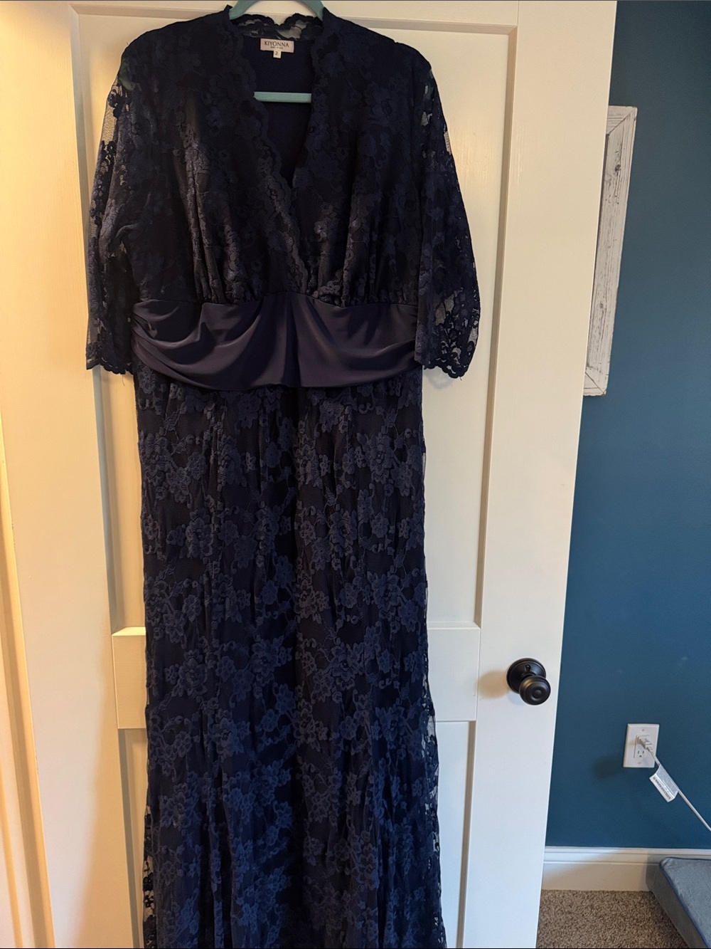 Kiyonna Navy Lace V-Neck Maxi Dress with Satin Waistband